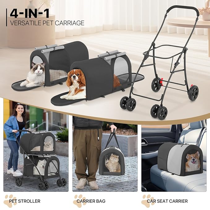 MoNiBloom Double Dog Stroller with Detachable Carrier Bags Large 4 Wheels Foldable Jogger for Small and Medium Dog Cats