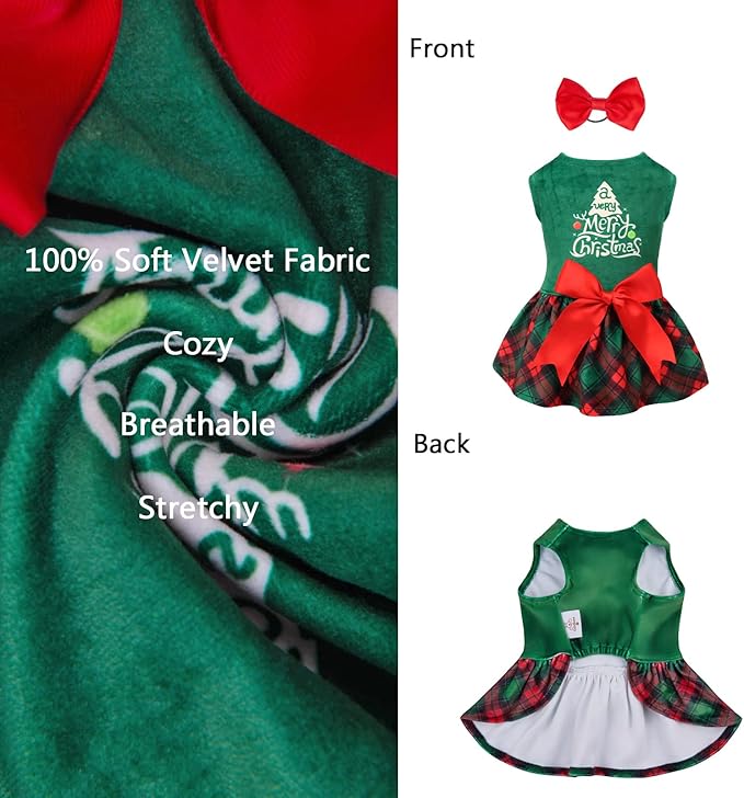 CuteBone Christmas Tree Dog Dress Velvet for Small Dogs Girl Puppy Dresses Green Plaid Dog Clothes CVA05M-D