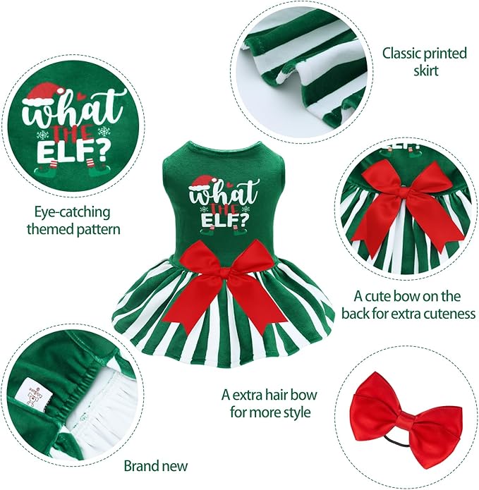 CuteBone What The Elf Dog Dresses Velvet Holiday Small Dogs Clothes Onesie Pet Apparel Girl Puppy Skirt with Bow Hair Rope CVA53S-D