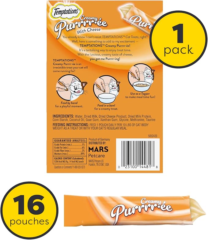Temptations Creamy Puree Squeezable Lickable Wet Cat Treat with Cheese 0.42 oz. 16