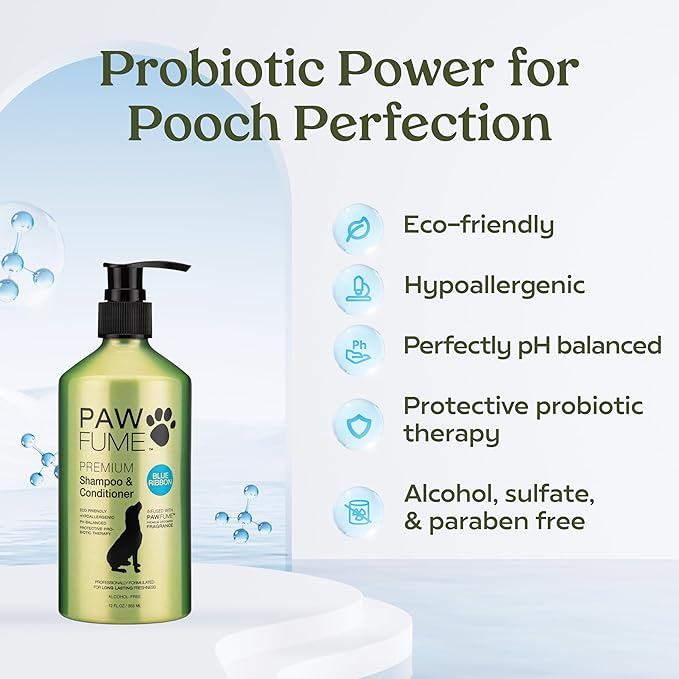Pawfume Dog Shampoo and Conditioner – Hypoallergenic Dog Shampoo for Smelly Dogs – Best Dog Shampoos & Conditioners – Probiotic Shampoo for Dogs – Best Dog Shampoo for Puppies (Blue Ribbon 2-Pack)