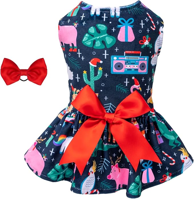 CuteBone Dog Dresses Velvet Holiday Small Dogs Clothes Onesie Pet Apparel Girl Puppy Skirt with Bow Hair Rope CVA32XS