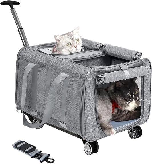 Double Compartment Cat Carrier with Wheels for 2 Cats 2 Small 2 Cats 21" x 17" x 13",Not Airline