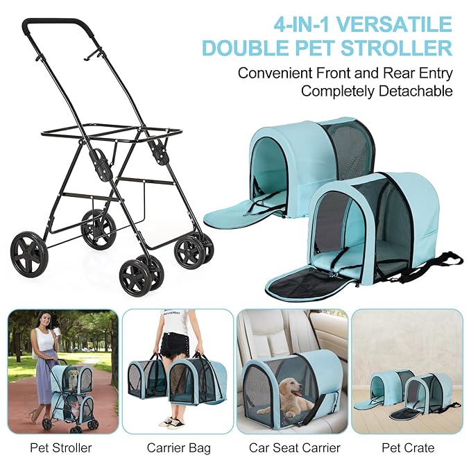 Double Pet Stroller for Dogs and Cats with 2 Detachable Carrier 4 Wheels,