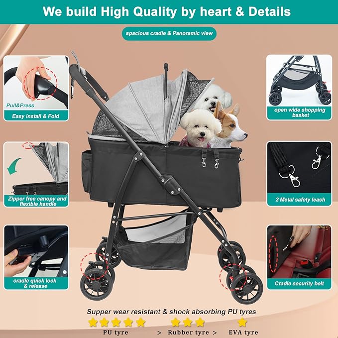 MILA&LOUIS Foldable Dog Stroller 4 Wheels 3 in 1 Folding 30lbs