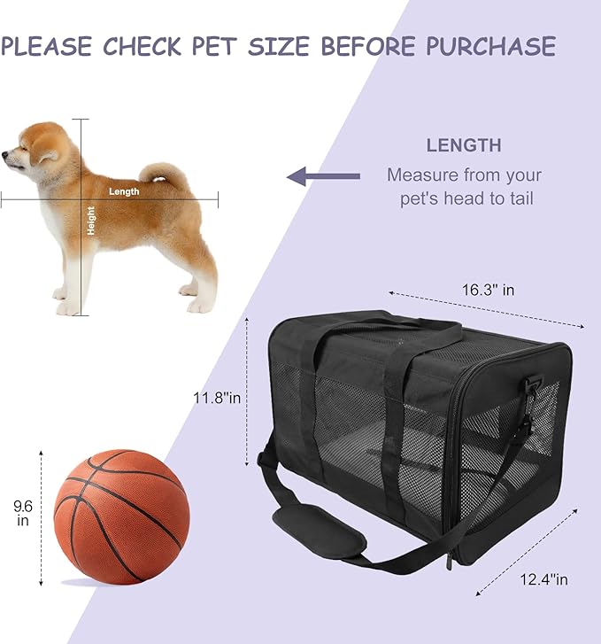 Prodigen Cat Carrier Dog Carriers for Small Dogs Soft Slided Airline Approved Collapsible Pet Travel Carrier (16.3" L 11.8" H 12.4" W)