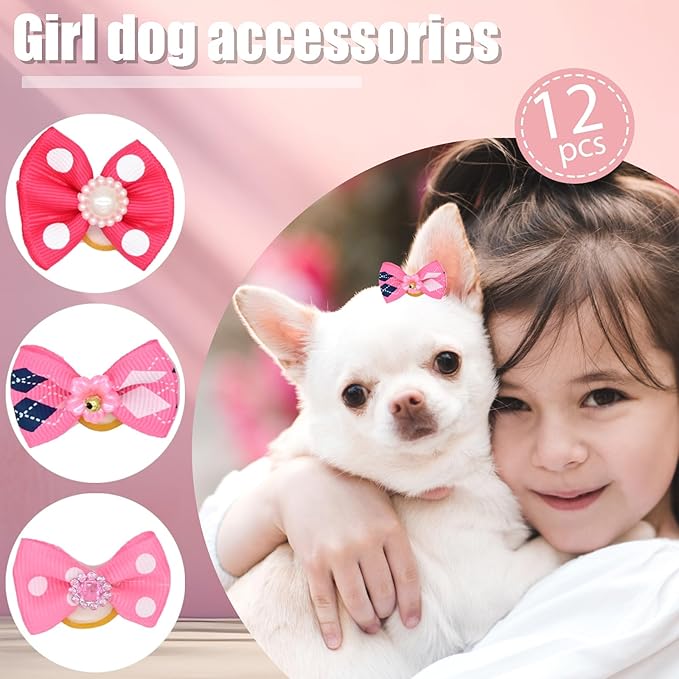 12 Pcs Small Dog Hair Bows with Rubber Bands Bowknot Dog Hair Accessories for Puppy Kitten (Pink)