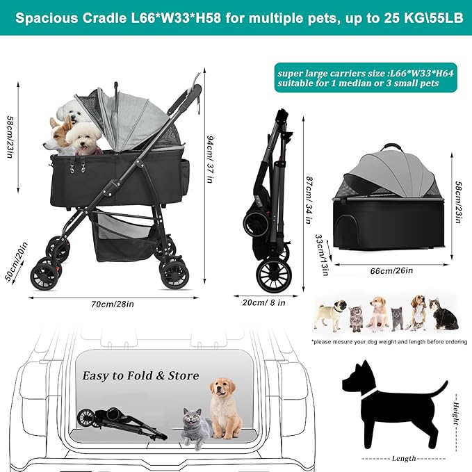 MILA&LOUIS Foldable Dog Stroller 4 Wheels 3 in 1 Folding 30lbs
