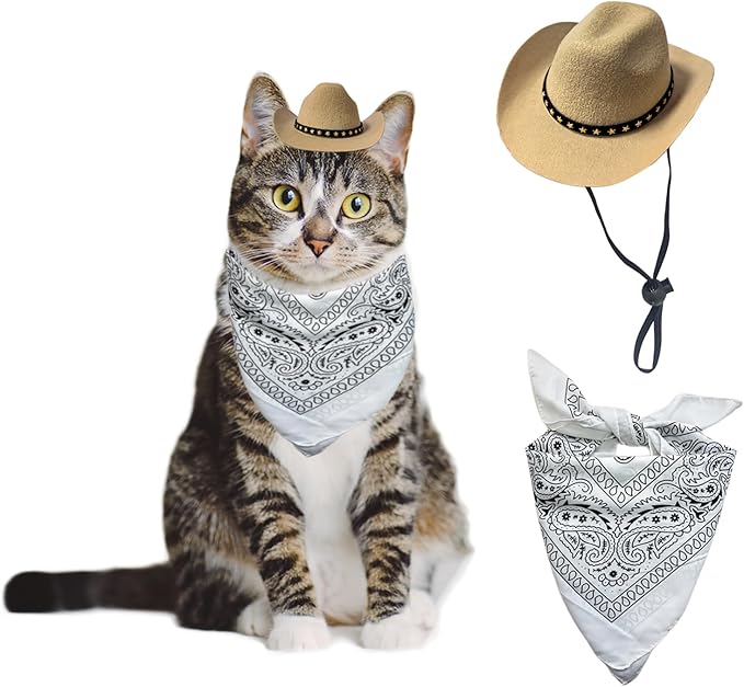 Dog Cowboy Hat Cat Cowboy Hat Mini Cowboy Hat for Dogs Cat Pet Cowboy Costume with Bandana Scarf Holiday Halloween Pet Party Decoration (khaki
