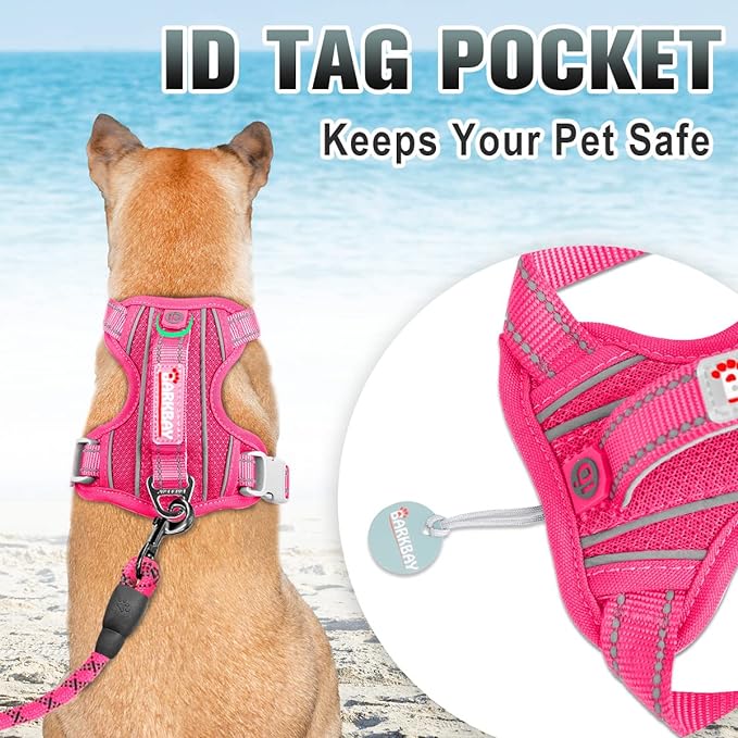 BARKBAY No Pull Dog Harness Large Step in Reflective Dog Harness with Front Clip and Easy Control Handle for Walking Training Running with ID tag Pocket(Pink