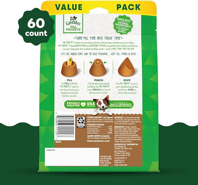 GREENIES PILL POCKETS for Dogs Capsule Size Natural Soft Dog Treats with Real Peanut Butter 15.8 oz. (60 Treats)