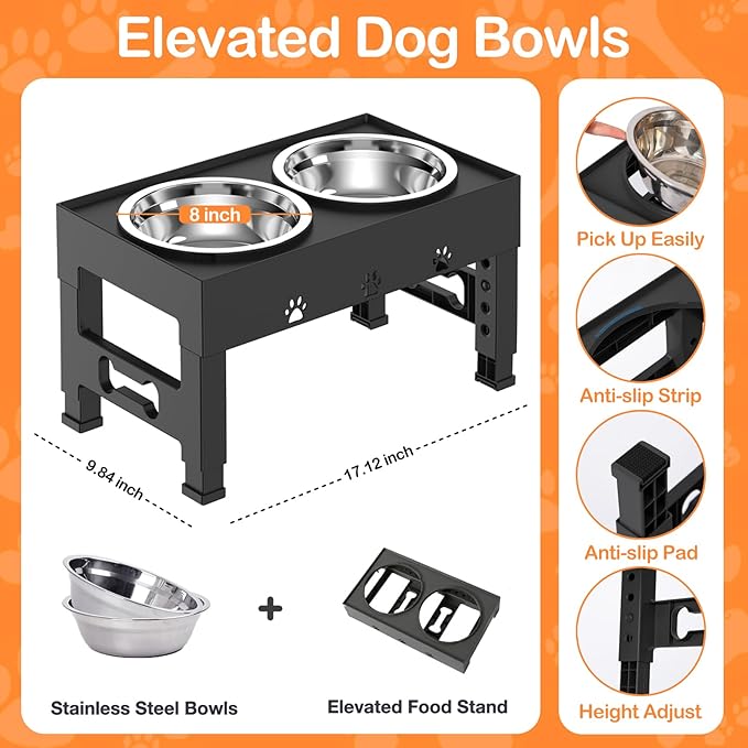 Elevated Dog Bowls 5 Height Adjustable with 2 Stainless Steel Dog Food Bowls Stand Non-Slip No Spill Dog Dish Raised Dog Bowl Adjusts to 3.1” 9”, 10”, 11”, 12”