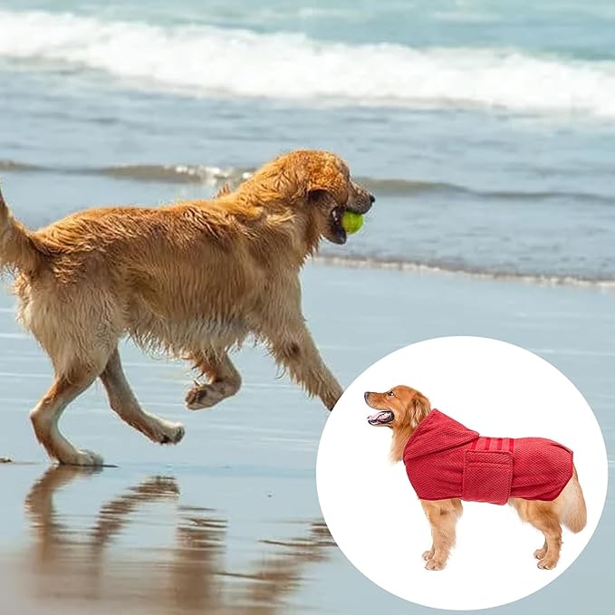 Geyecete Dog Drying Coat with Hood for After Drying-Red-3XL