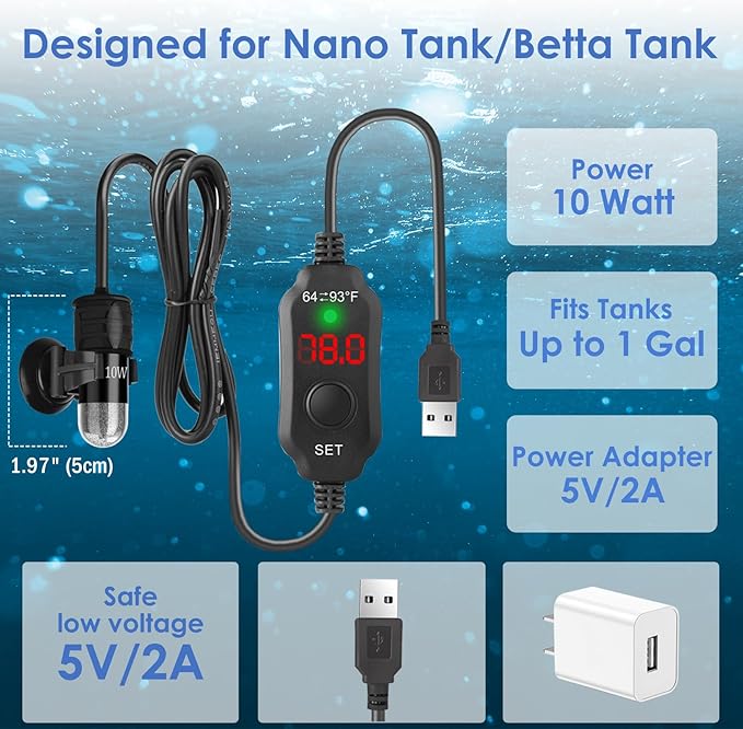 Mini Aquarium Heater 10W Super Small Fish Tank Heater with Digital Display Thermostat 5V/2A USB 1 Gallon