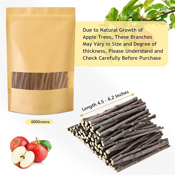600g Organic Apple Sticks Small Animals Molar Wood Treats Toys for Chinchillas Guinea Pig Rabbits Hamster Gerbil Parrot Bunny Chew Stick Toys 21.2 OZ