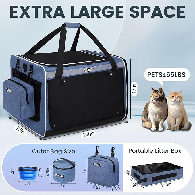 Petskd Extra Large Cat Carrier for 55LBS Pet Car Travel with Litter Box 24"x17"x17" Soft 5 Breathable