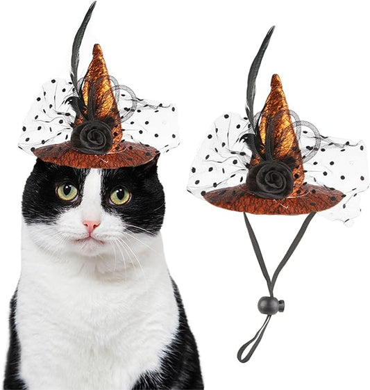 Halloween Pet Hat Adjustable Witch Hats for Cats Dogs Yellow Witch Hat Pet Headwear Black Lace Cosplay Costumes Adjustable Flower Hat for Small and Medium Cats Dogs