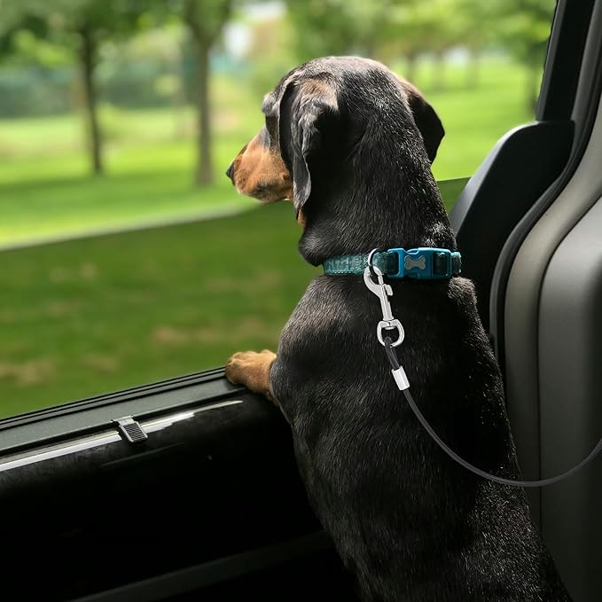Mogoko Chew Proof Dog Car Seatbelt Safety Restraint Pet No-Chew Tether Cable Stainless Steel Dog Leash Vehicle Seat Belt Strap with Double Clip and Latch Attachment (L Size 40 inch)