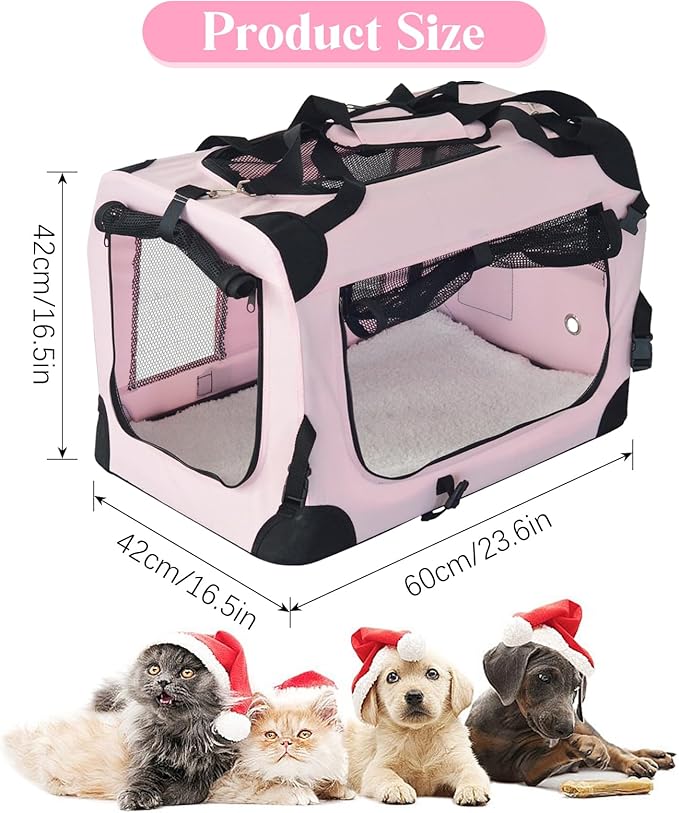 PET Foldable Dog Crate Folding Soft Dog Crate with Carrying Bag Dog Home & Dog Travel Crate Indoor & Outdoor Pet Home (Pink M-24 L 16.5" W 16.5" H)