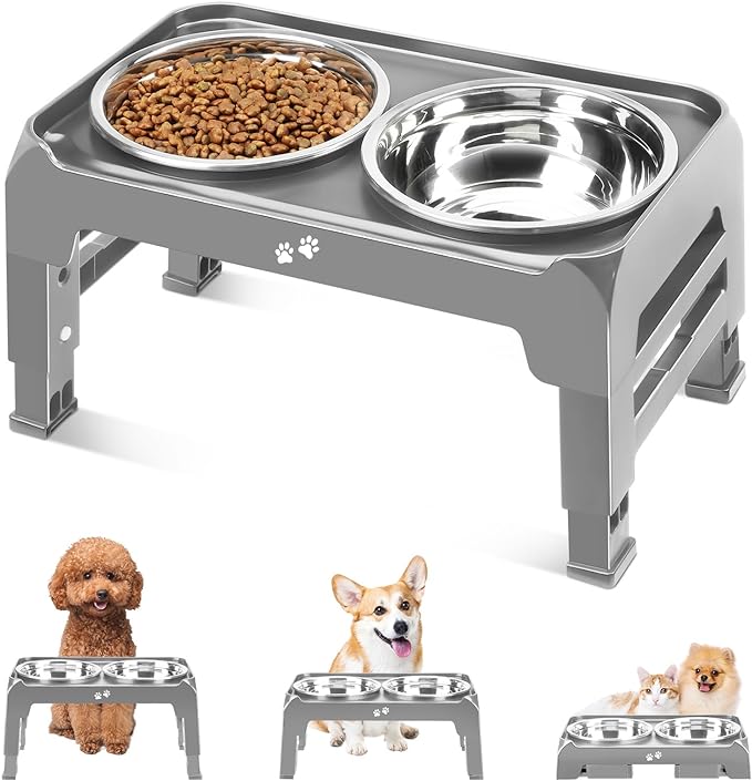 Elevated Dog Bowls for Small Medium Dogs 3 Height Adjustable Raised Dog Bowl Stand with 2 Thick 6" Stainless Steel Dog Food Bowls Non-Slip Dog Feeder Adjusts to 2.75" 6", 7.5",