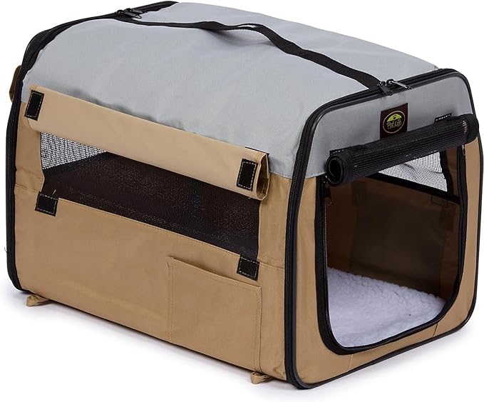 PET LIFE 'Easy Folding' Zippered Folding Collapsible Wire Framed Lightweight Pet Dog Crate Carrier, Small, Khaki
