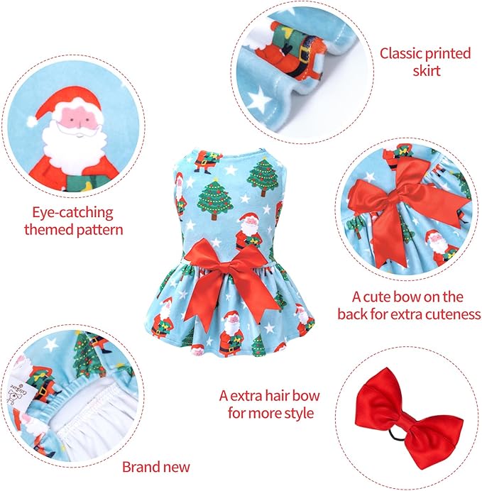 CuteBone Dog Dresses Velvet Holiday Small Dogs Clothes Onesie Pet Apparel Girl Puppy Skirt with Bow Hair Rope CVA34XS