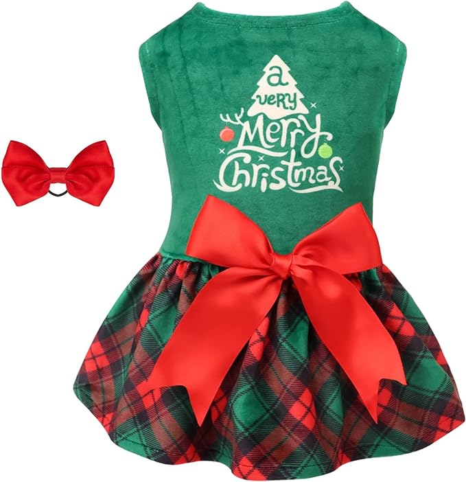 CuteBone Christmas Tree Dog Dress Velvet for Small Dogs Girl Puppy Dresses Green Plaid Dog Clothes CVA05M-D