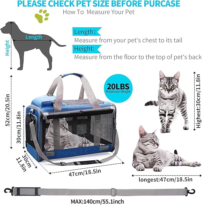 Cat Carrier Large Pet Carrier for 2 Cat 18.5"x11.8"x11.8" Cat 5-Windows Breathable