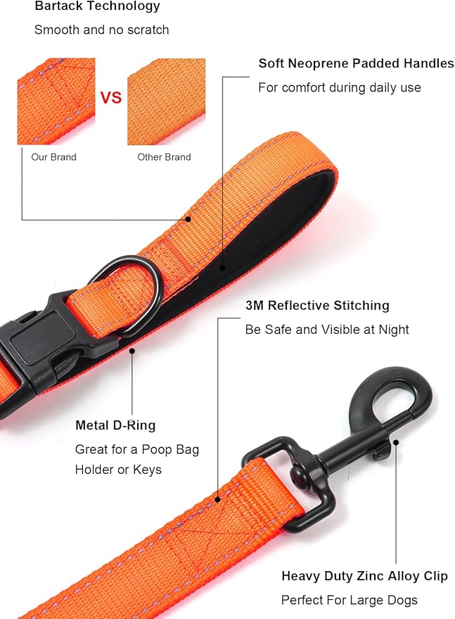 Heavy Duty Double-Handle Dog Leash with Reflective Design 4~6FT No-Pull