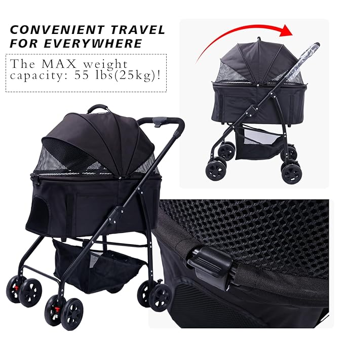 Dog Cat Pet Gear Stroller 3-in-1 Folding Lightweight for Small Medium Dog Cat with Detachable Carrier 4 Wheels