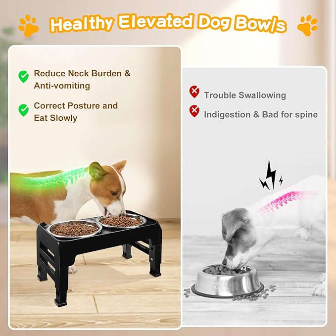 Elevated Dog Bowls for Small Medium Dogs 3 Height Adjustable Raised Dog Bowl Stand with 2 Thick 6" Stainless Steel Dog Food Bowls Non-Slip Dog Feeder Adjusts to 2.75" 6", 7.5",