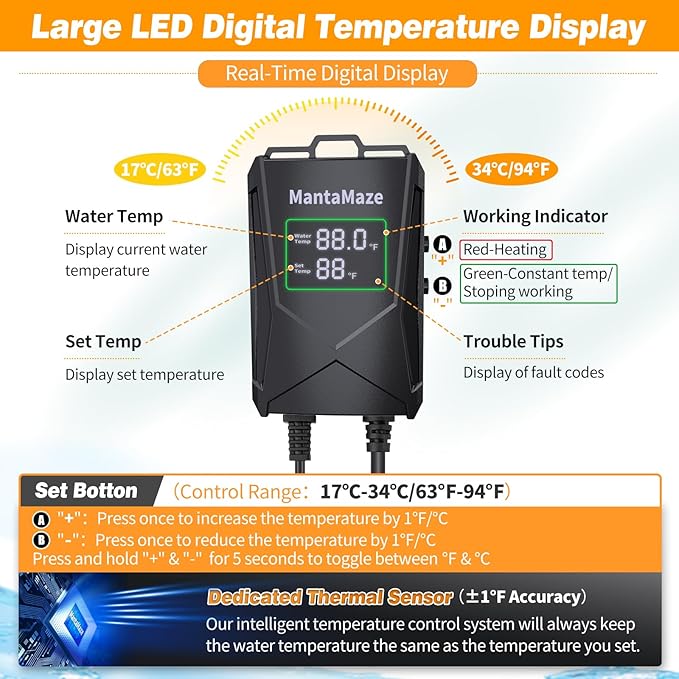 Aquarium Heater 300W/500W/800W/1000W for 20-300 Gal