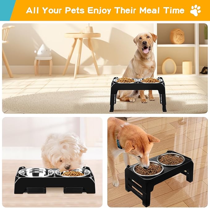 Elevated Dog Bowls for Small Medium Dogs 3 Height Adjustable Raised Dog Bowl Stand with 2 Thick 6" Stainless Steel Dog Food Bowls Non-Slip Dog Feeder Adjusts to 2.75" 6", 7.5",