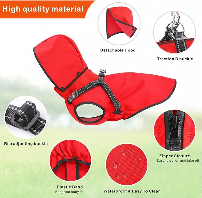 Mosucoirl Dog Raincoat Waterproof Dog Hoodie Reflective Dog Raincoat Hooded Adjustable Rain Jacket for Small Medium Large Dogs Puppies (Red, S)