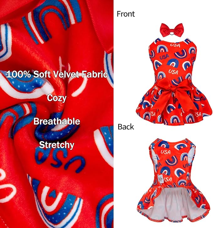 CuteBone Dog Dresses Velvet 4th of July Small Dogs Clothes Onesie Pet Apparel Girl Puppy Skirt with Bow Hair Rope CVA37M