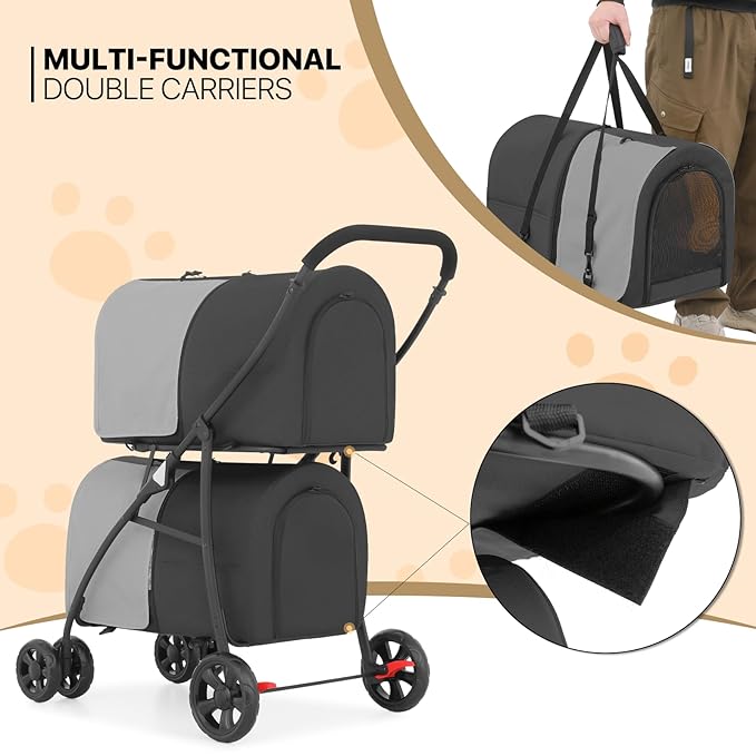 MoNiBloom Double Dog Stroller with Detachable Carrier Bags Large 4 Wheels Foldable Jogger for Small and Medium Dog Cats