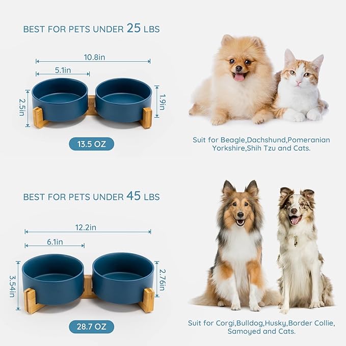 SPUNKYJUNKY Ceramic Dog and Cat Bowl Set with Wooden Stand (13.5OZ) & (28.7OZ) & (3.6 Cups, 2 ×