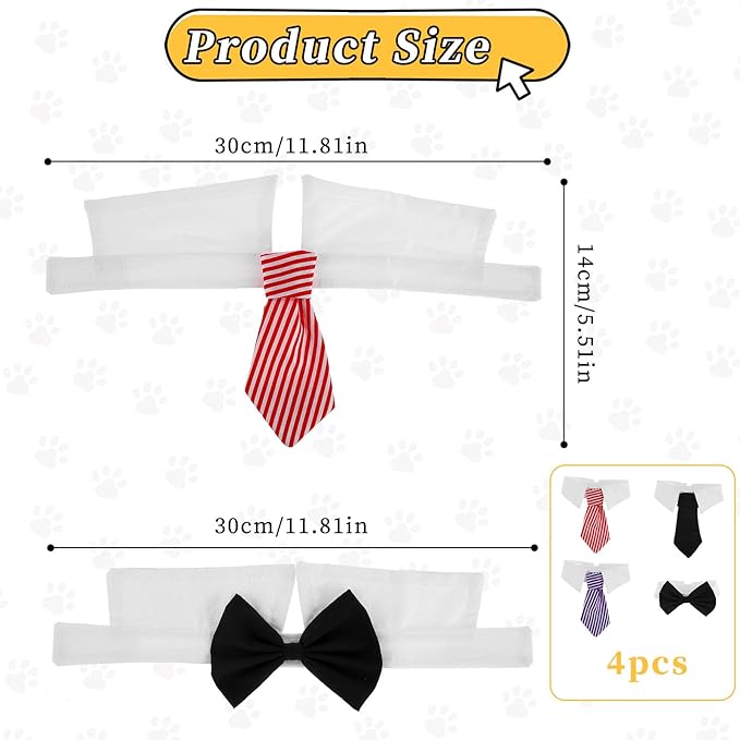 4Pcs Pet Bow Tie Adjustable White Dog Collar with Formal Classy Stripped Neck Tie Dog Tie Puppy Grooming Ties Party Accessories for Small Dogs and Cats (S
