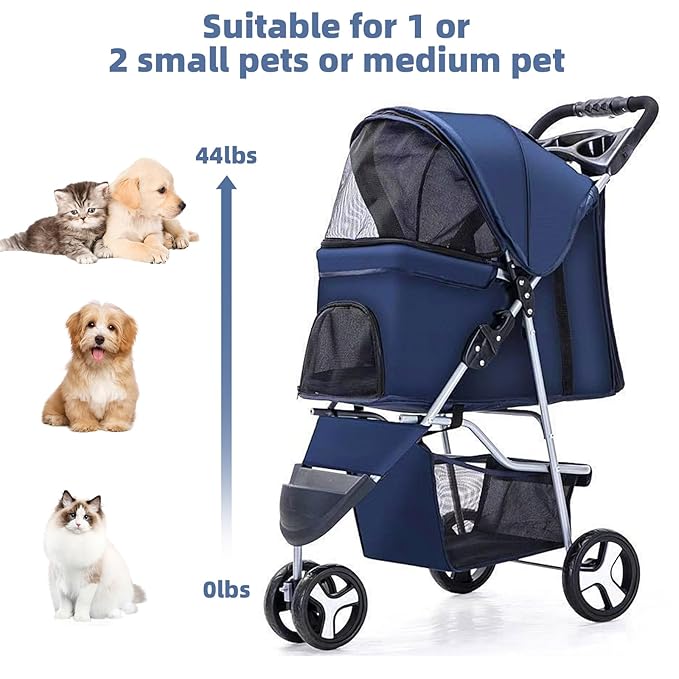Foldable Dog Stroller for Small Medium Dog Cat 3 Wheels