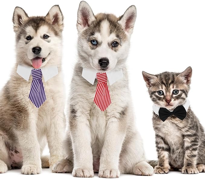 4Pcs Pet Bow Tie Adjustable White Dog Collar with Formal Classy Stripped Neck Tie Dog Tie Puppy Grooming Ties Party Accessories for Small Dogs and Cats (S