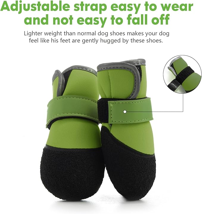 Dog Shoes, Outdoor Dog Boots Non-Slip Waterproof Dog Booties for Medium to Large Dogs 4Pcs for Winter Snowy Day, Summer Hot Pavement with Rugged Sole Green