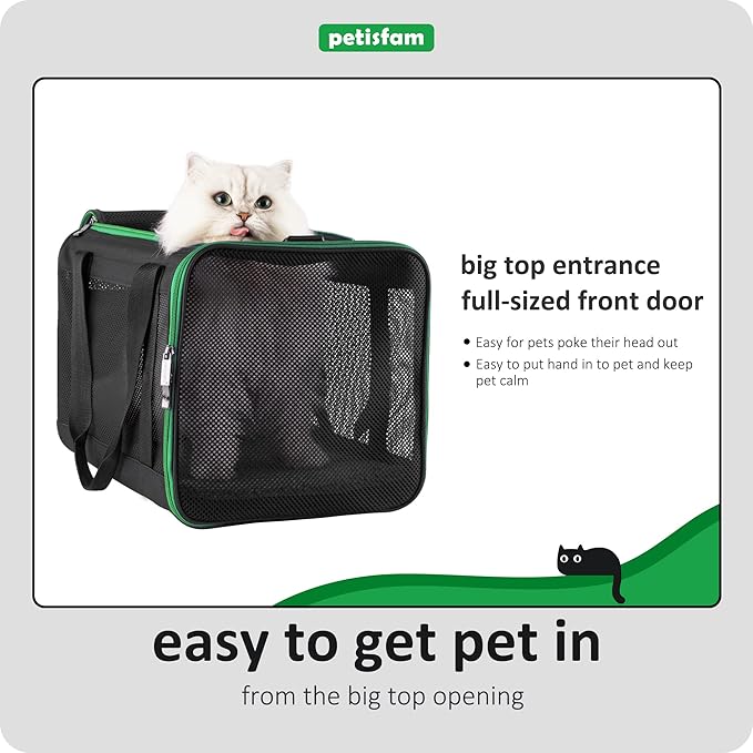petisfam Easy Load Pet Carrier Bag for Medium or Large Cats with Durable Double-Thickness Fabric and Stable Structure. Black w/Green Trim