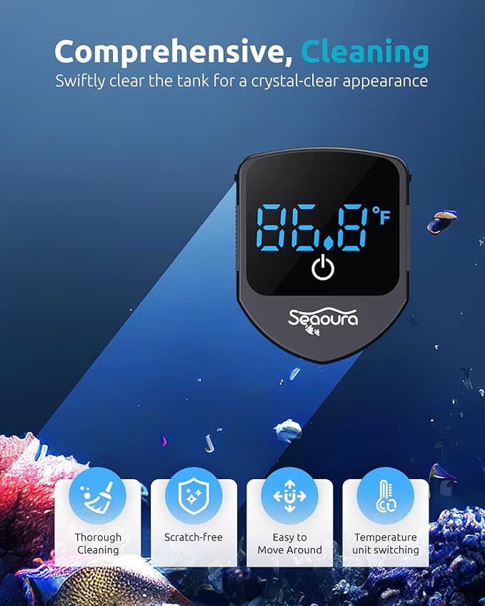 2-in-1 Aquarium Magnetic Cleaner with Digital Aquarium Thermometer 1-30 Gallons