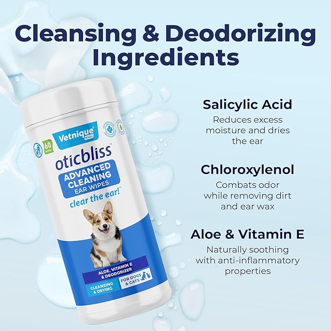 VETNIQUE Oticbliss Advanced Cleaning Ear Wipes for Dogs for Odor Control