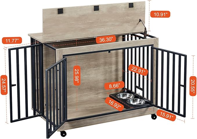 Okak Dog Crate Furniture Side Table Wooden Dog Crate with 2 Feeding Bowls on Casters Heavy-Duty Dog Kennel Indoor for Medium/Large Dog Opening,Grey,38.58" W