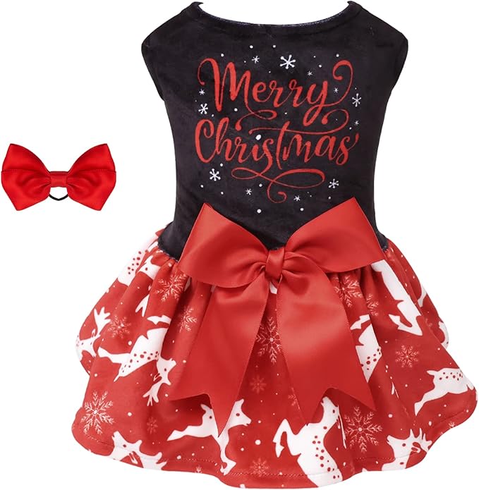 CuteBone Merry Christmas Dog Dress Velvet for Small Dogs Girl Reindeer Puppy Dresses Red Dog Clothes CVA04S-D