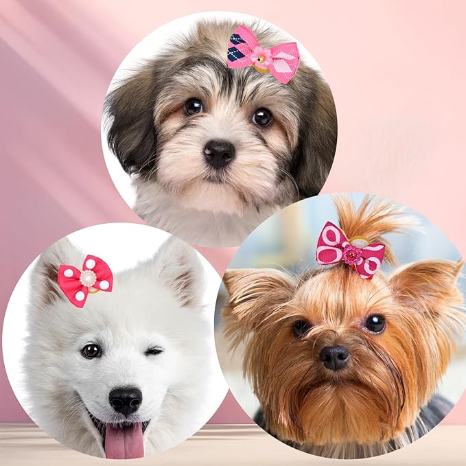 12 Pcs Small Dog Hair Bows with Rubber Bands Bowknot Dog Hair Accessories for Puppy Kitten (Pink)