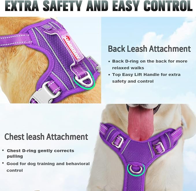 BARKBAY No Pull Dog Harness Large Step in Reflective Dog Harness with Front Clip and Easy Control Handle for Walking Training Running with ID tag Pocket(Purple