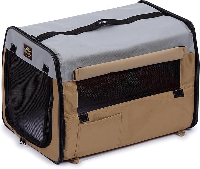 PET LIFE 'Easy Folding' Zippered Folding Collapsible Wire Framed Lightweight Pet Dog Crate Carrier, X-Small, Khaki