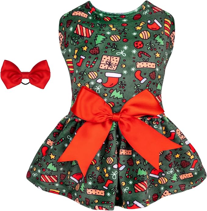 CuteBone Dog Dresses Velvet Holiday Small Dogs Clothes Onesie Pet Apparel Girl Puppy Skirt with Bow Hair Rope CVA33XS